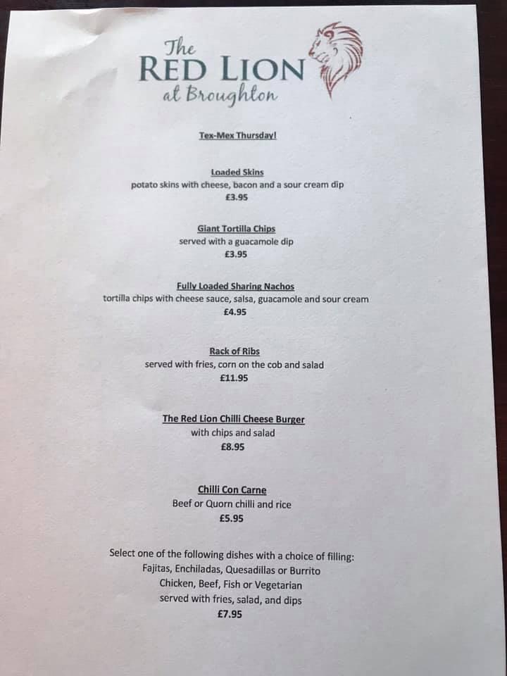 Menu At Red Lion Inn Pub And Bar Broughton 