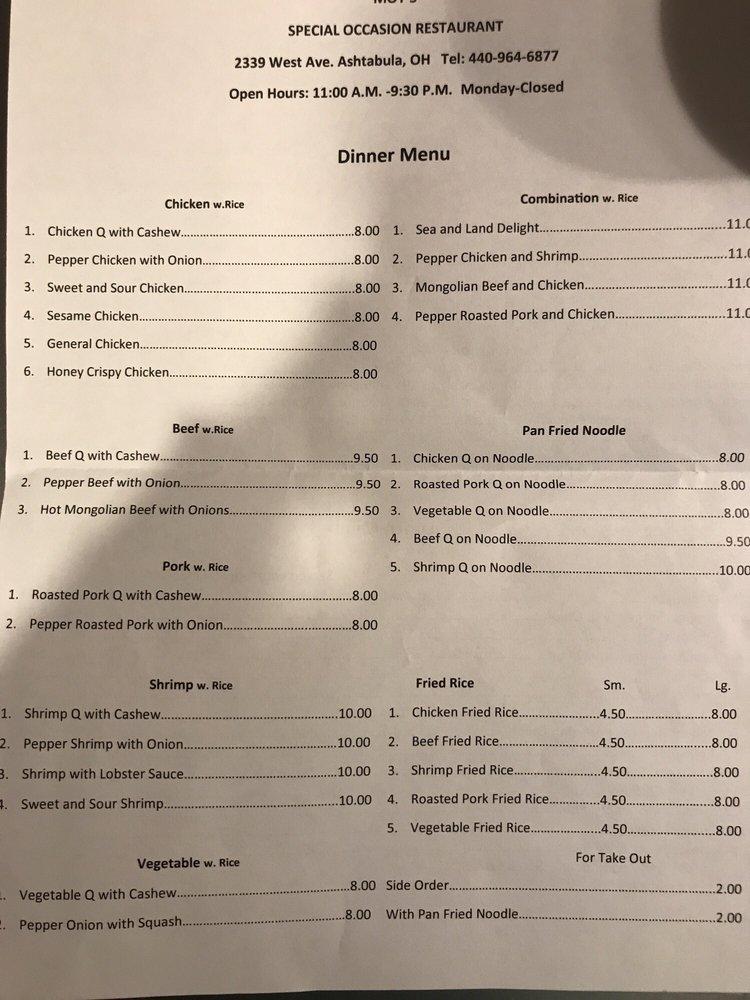 Menu at Moy's Special Occasion Restaurant, Ashtabula