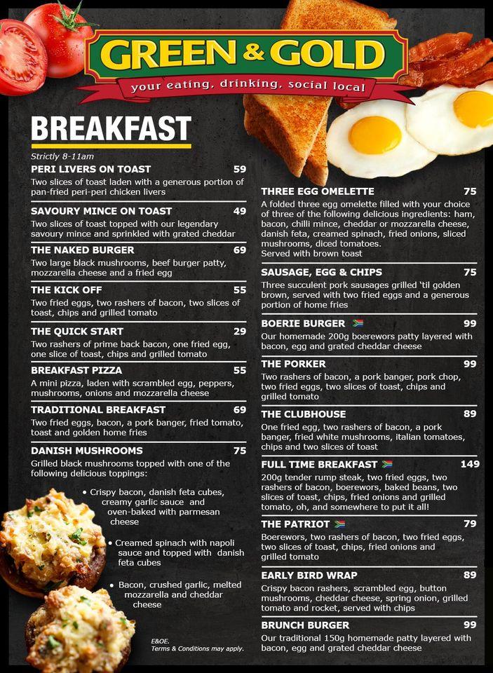 Menu at Green & Gold pub & bar, Roodepoort