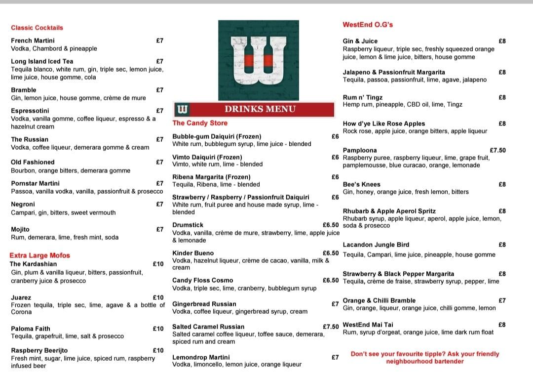 westend bar and kitchen menu