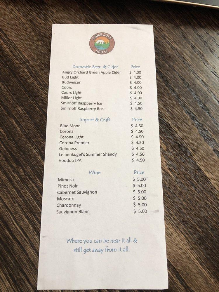 Menu at Cedar Rock Grille, Indian Point