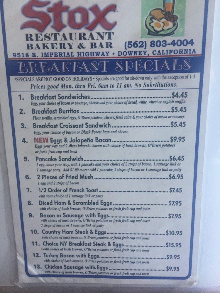 Menu at Stox Restaurant Bakery & Bar, Downey