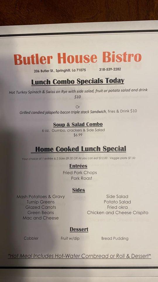 Menu at Butler House Bistro restaurant, Springhill