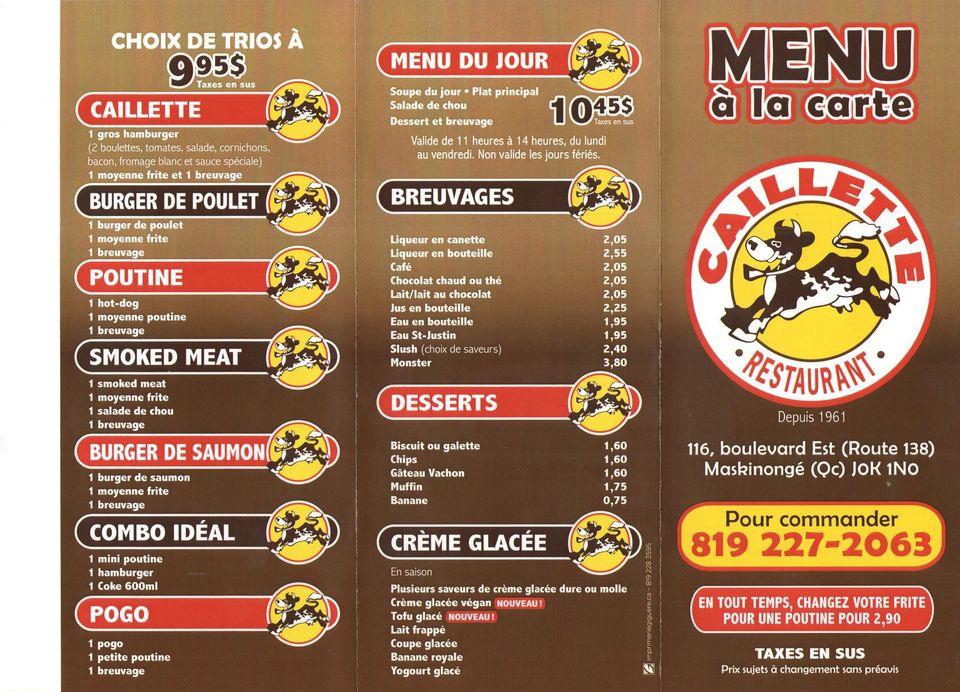 Menu de Restaurant La Caillette