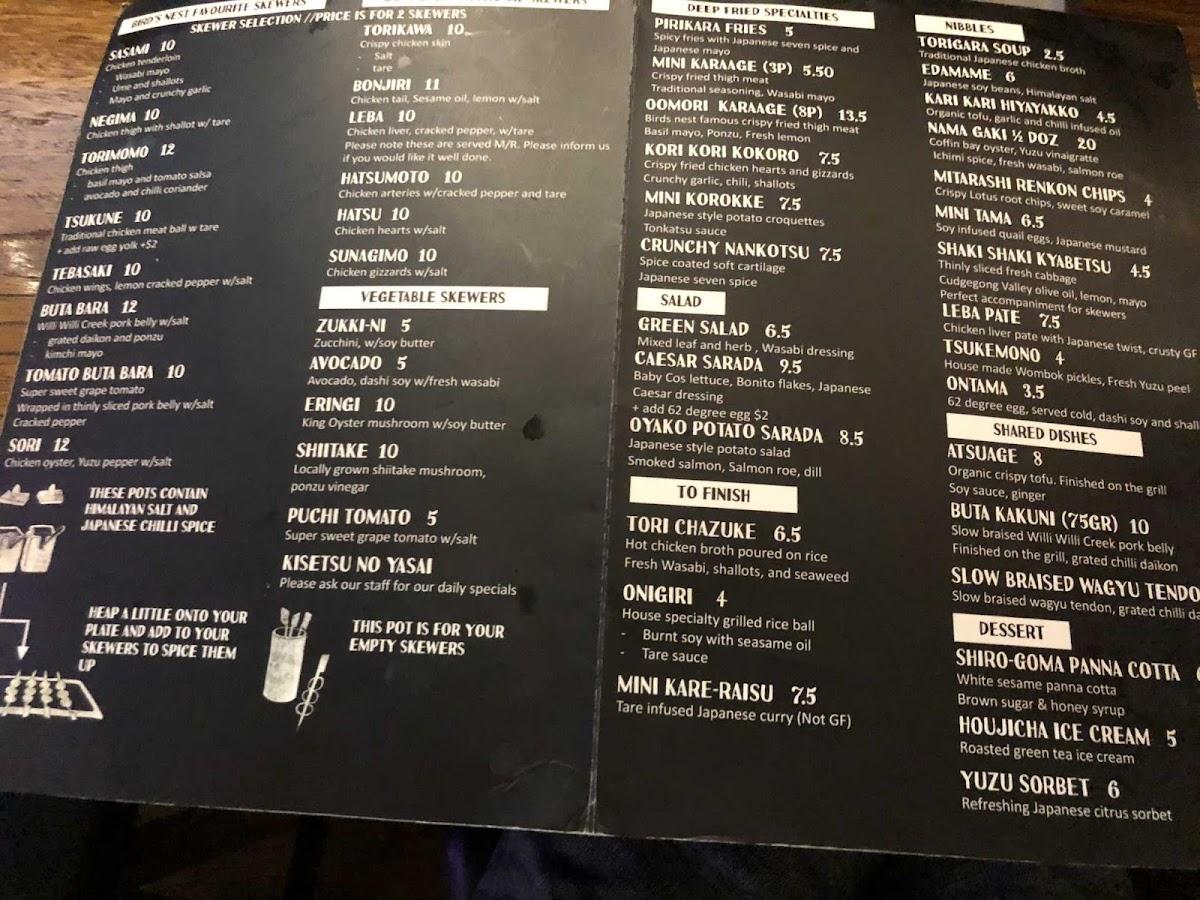 Menu at Bird's Nest Fortitude Valley restaurant, Brisbane City, Shop
