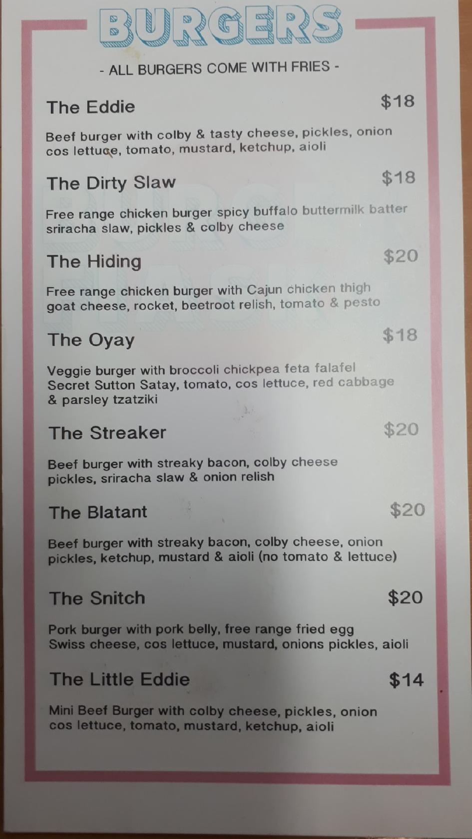 Menu at Burger Fiasko restaurant, Kerikeri
