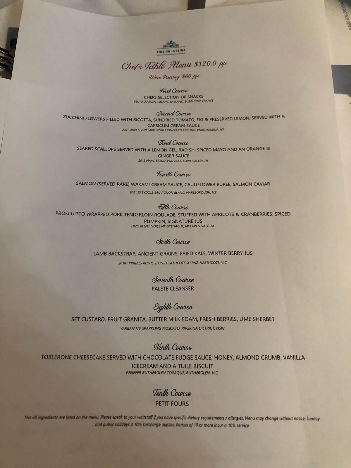 Menu at Pins On Lurline restaurant, Katoomba, 132 Lurline St