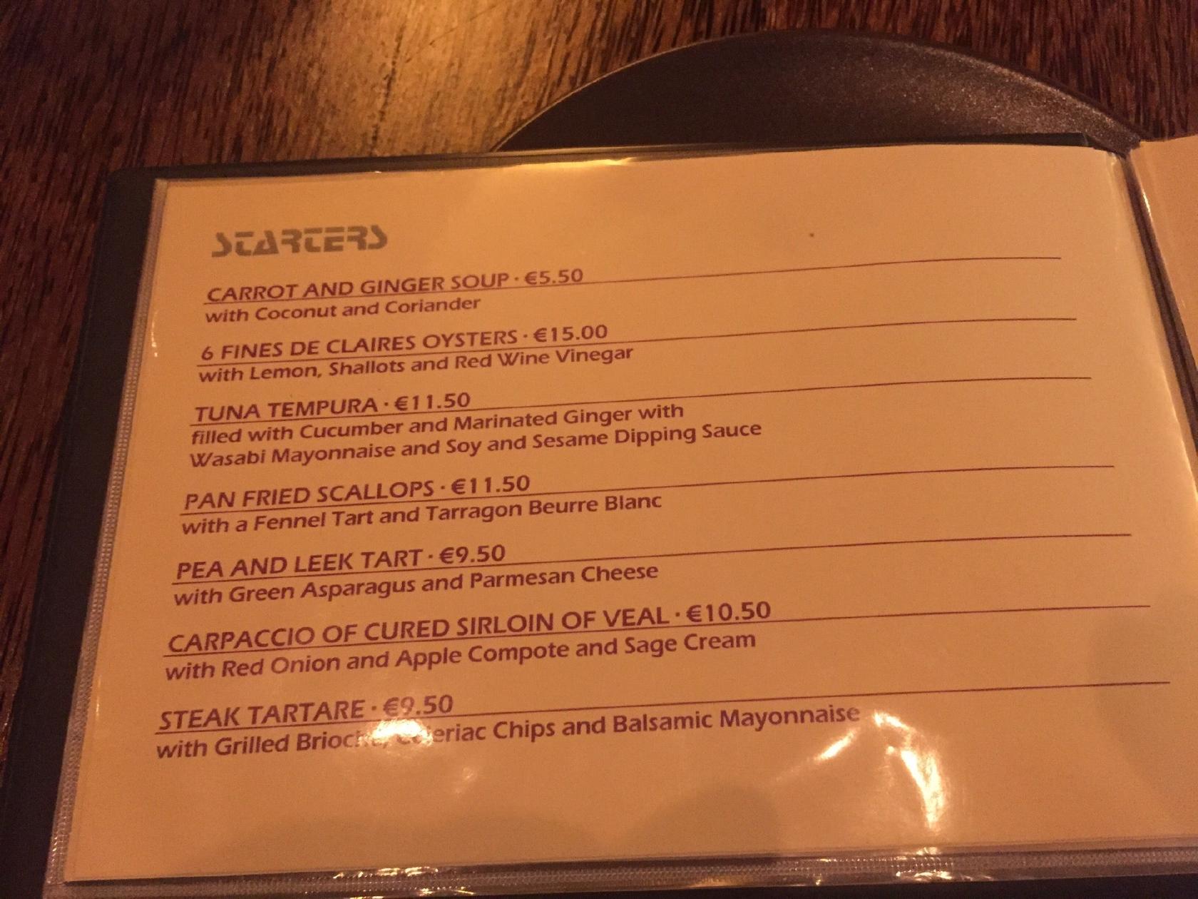 Menu at Restaurant Zaza's, Amsterdam