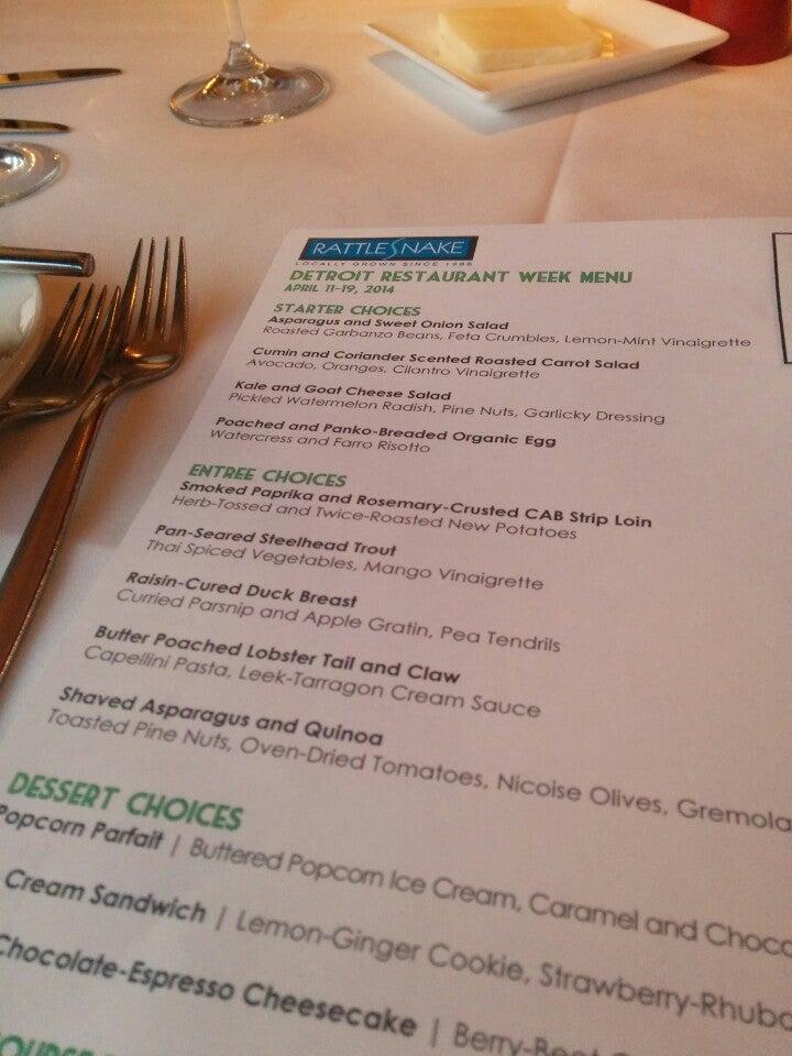 Menu at The Rattlesnake Club, Detroit