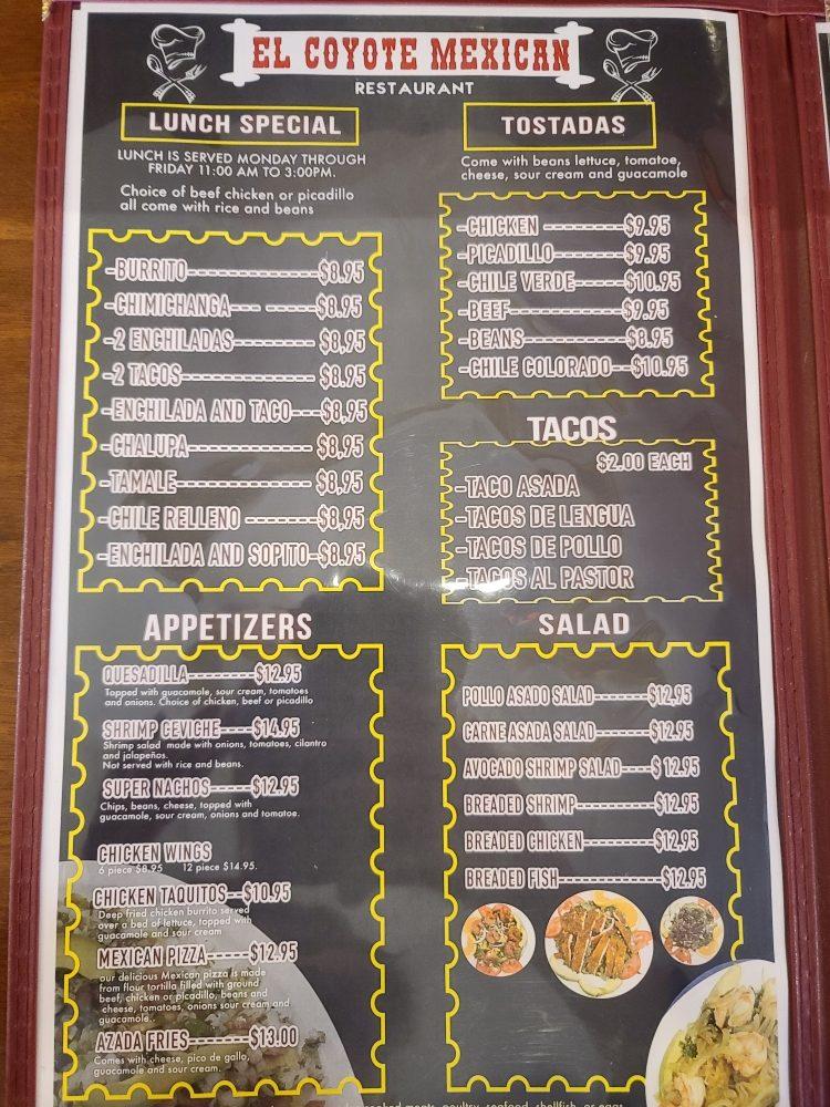 Menu at El Coyote Mexican Restaurant, North Bend