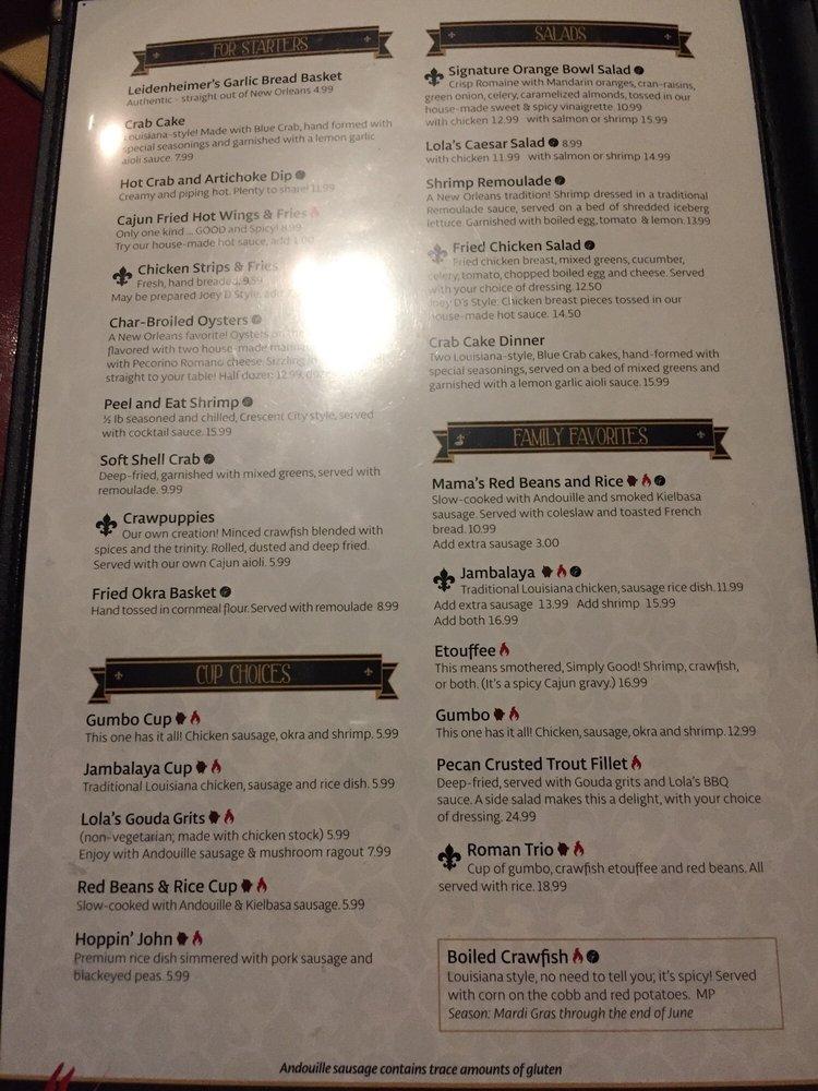 Menu at Lola's restaurant, Las Vegas, N Town Center Dr