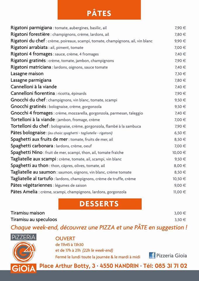 Menu au Pizzeria Gioia, Nandrin