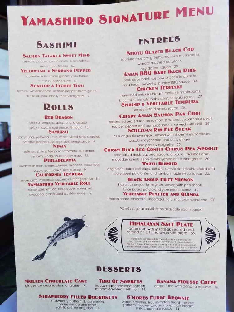 Menu at Yamashiro Hollywood restaurant, Los Angeles