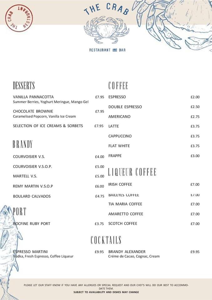 Menu at Crab at Bournemouth restaurant, Bournemouth