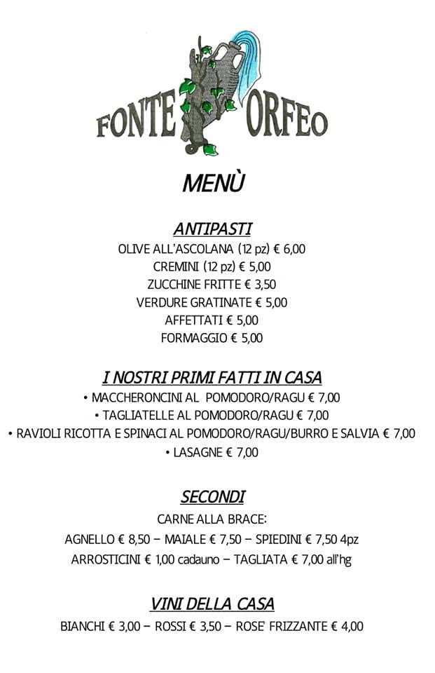 Menu di Fonte Orfeo Cossignano 