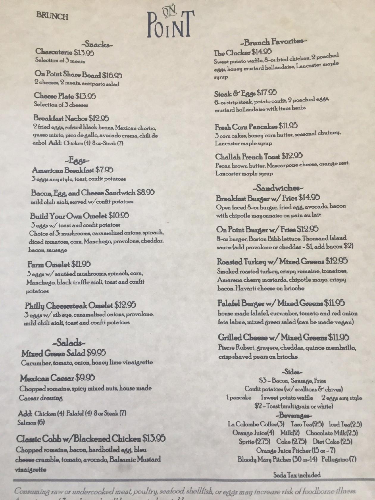 Menu at On Point Bistro restaurant, Philadelphia