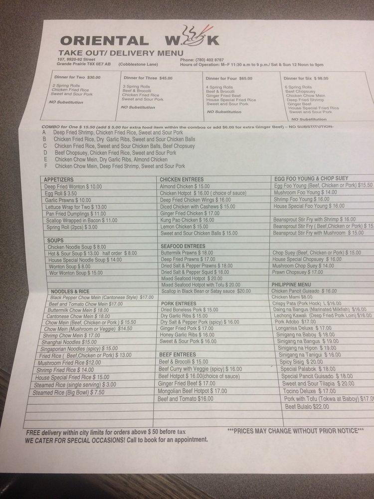 Menu at Oriental Wok restaurant, Grande Prairie