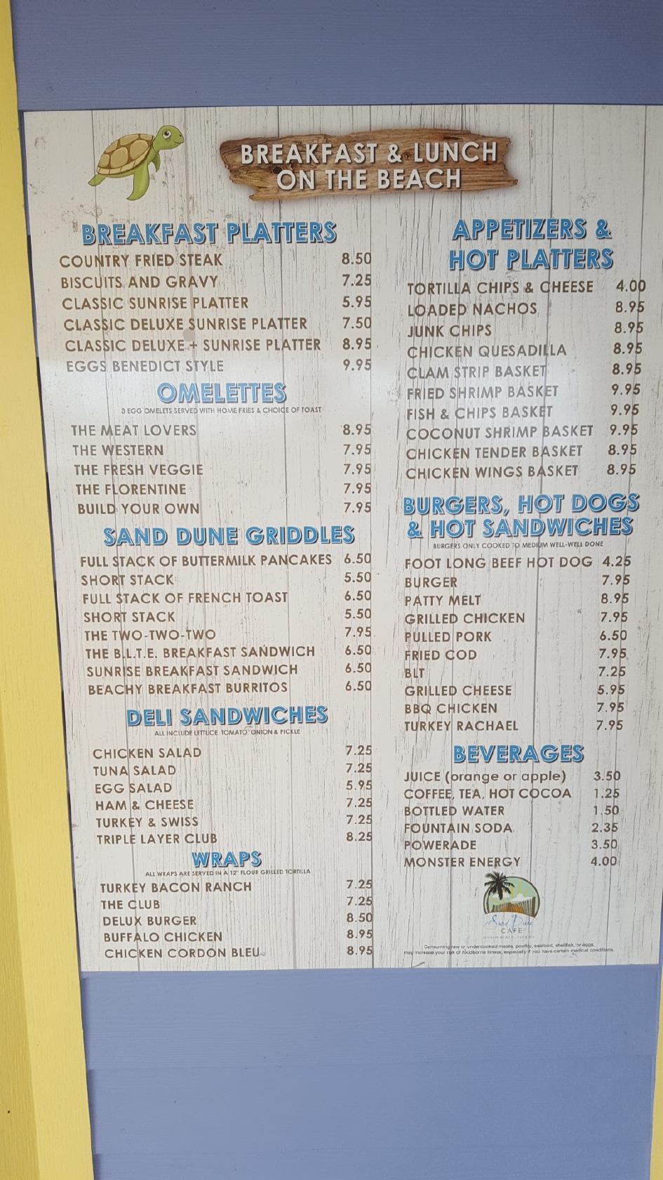 Menu at Sand Dune Cafe, Jensen Beach