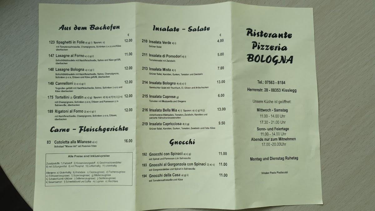 Speisekarte von Pizzeria Bologna, Kißlegg