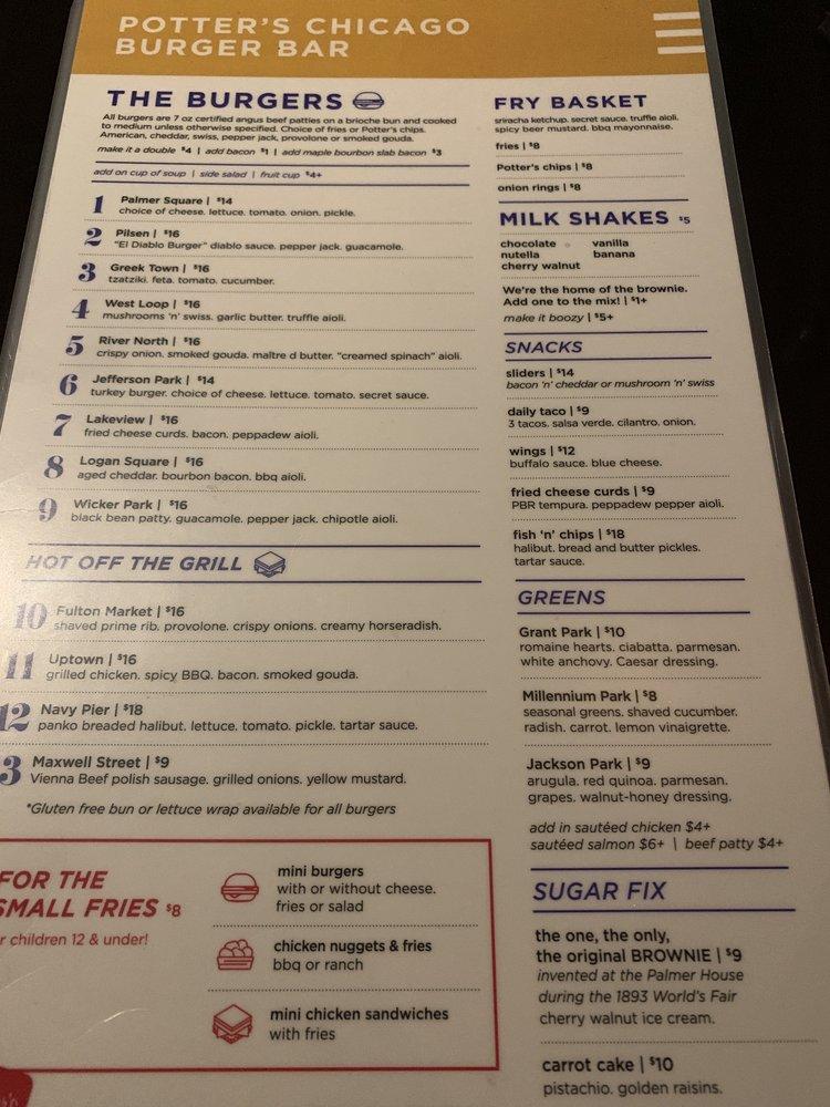 Menu at Potter's Chicago Burger Bar, Chicago