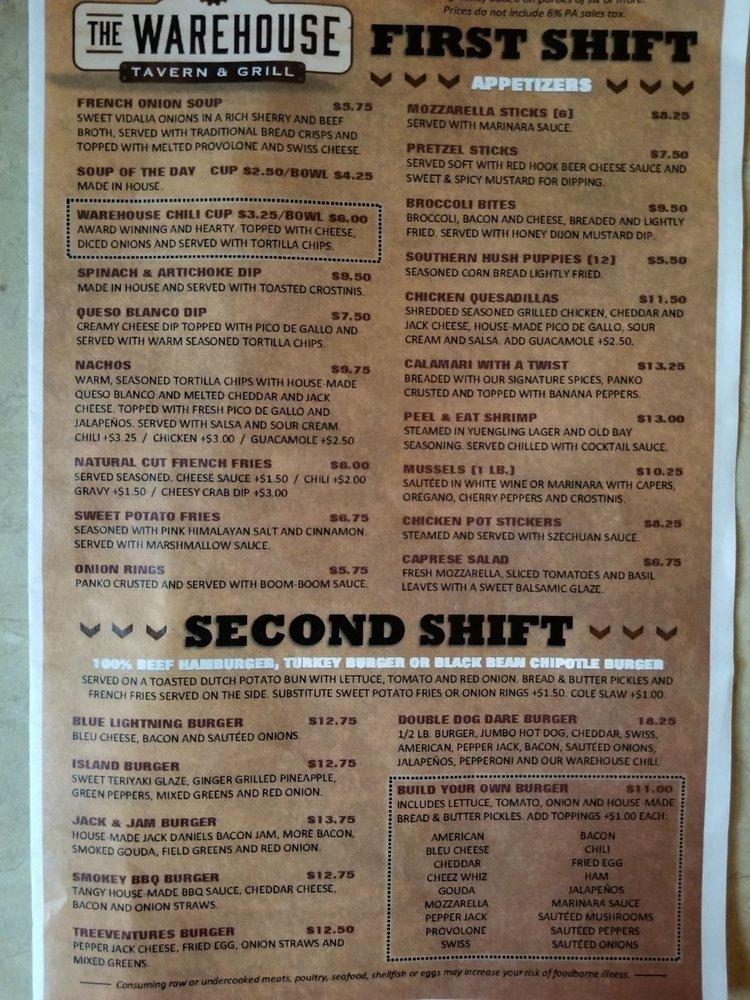 Menu at The Warehouse Tavern & Grill pub & bar, USA