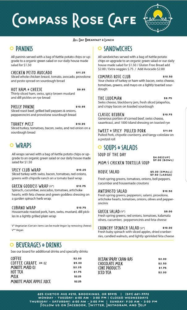 Carta de Compass Rose Cafe, Brookings
