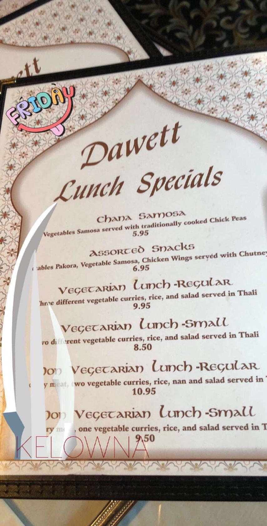 Menu at Dawett Fine Indian Cuisine restaurant, Kelowna