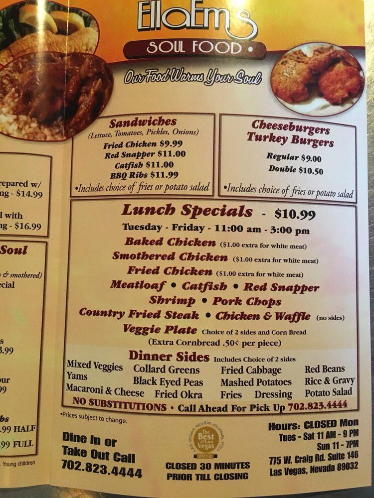 Menu at EllaEm's Soul Food restaurant, North Las Vegas