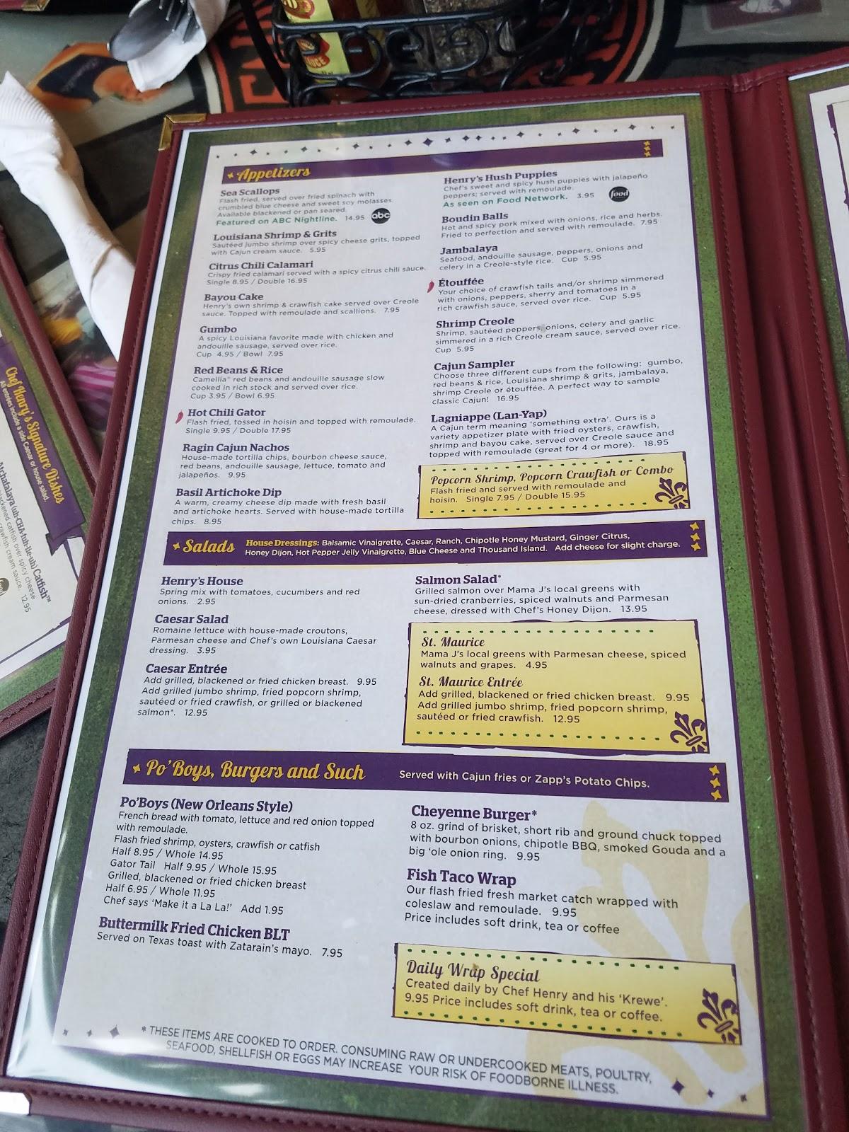 Carta del restaurante Henry's Louisiana Grill, Acworth