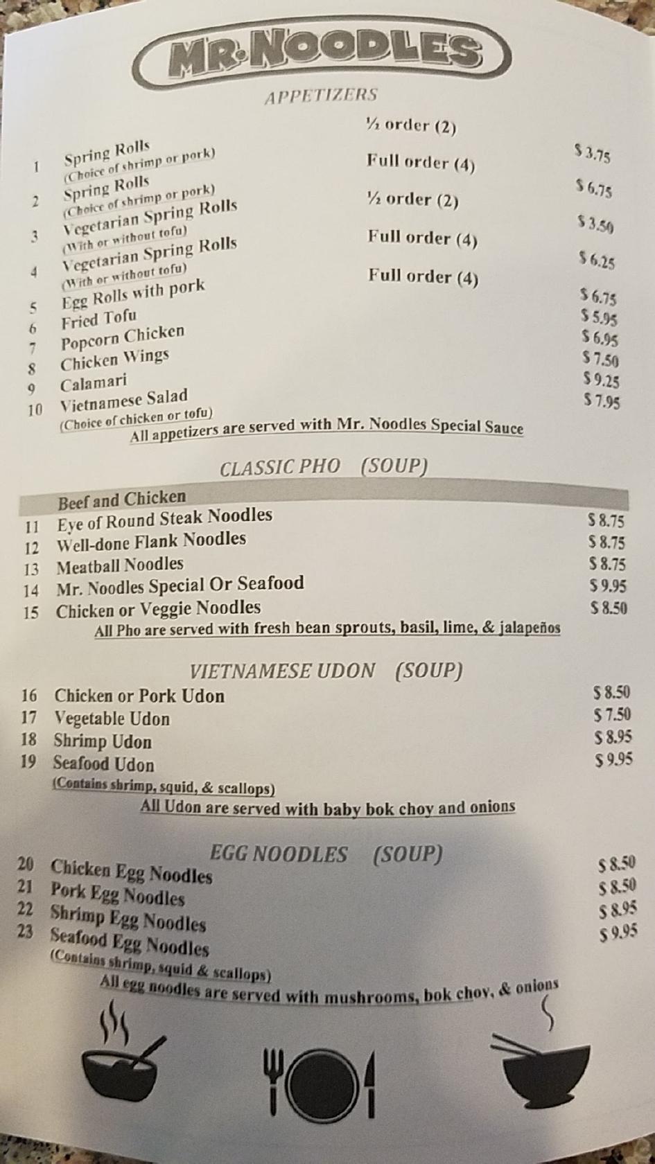 Menu at Mr. Noodles restaurant, Salinas