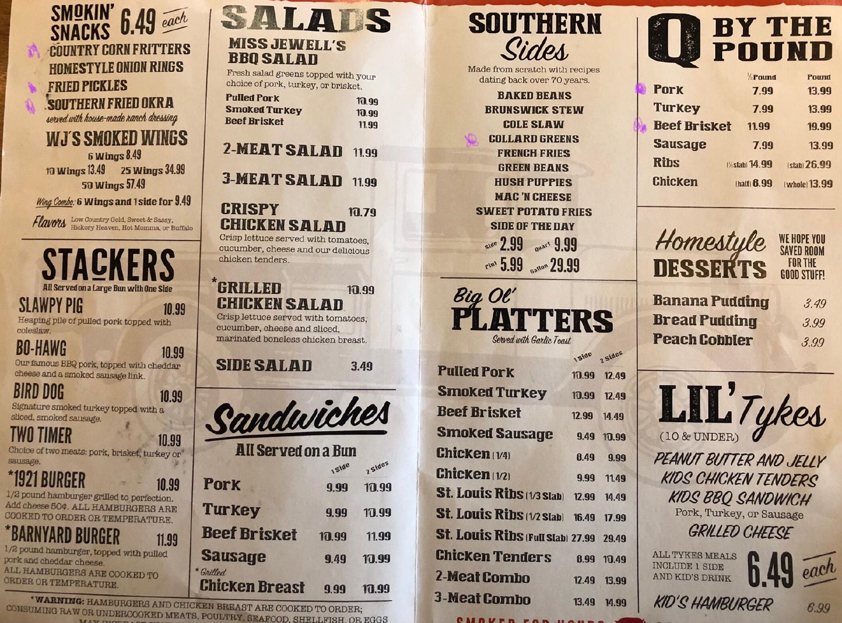 Menu at Willie Jewell's Old School BarBQ, Nashua