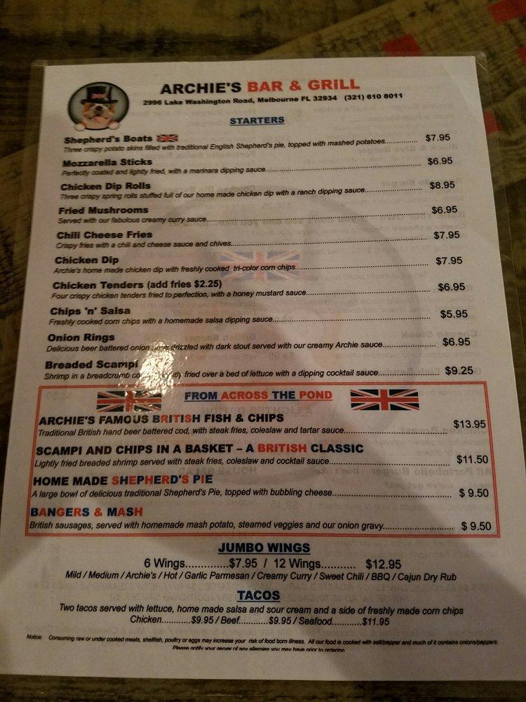 Menu at Archie's British Restaurant, Melbourne