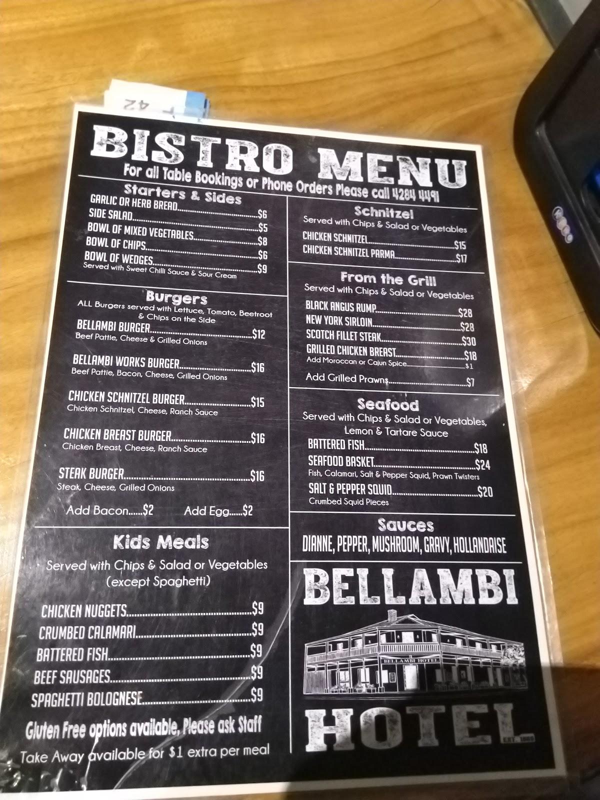 Menu at Bellambi Hotel pub & bar, Bellambi