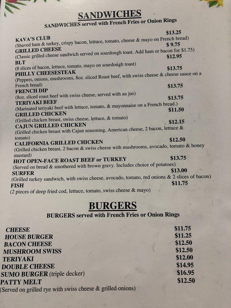 Menu at Kava's Pancake House restaurant, Anchorage, 100 Muldoon Rd