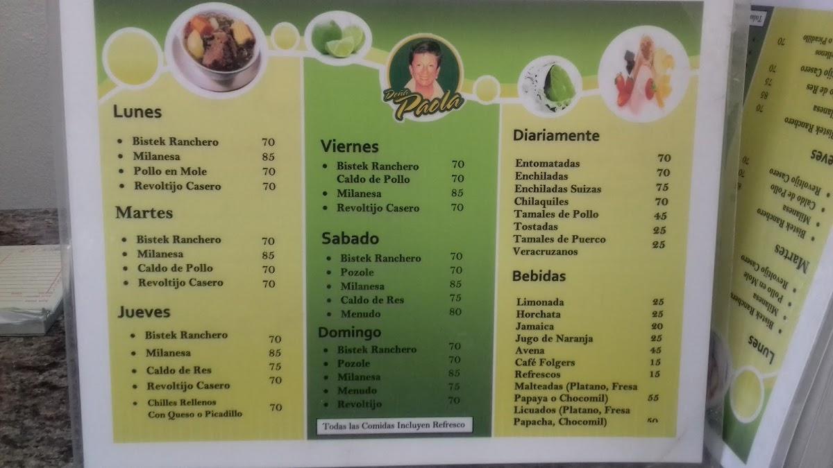 Menu at Cafeteria Doña Paola, Matamoros, C. Ocho 304