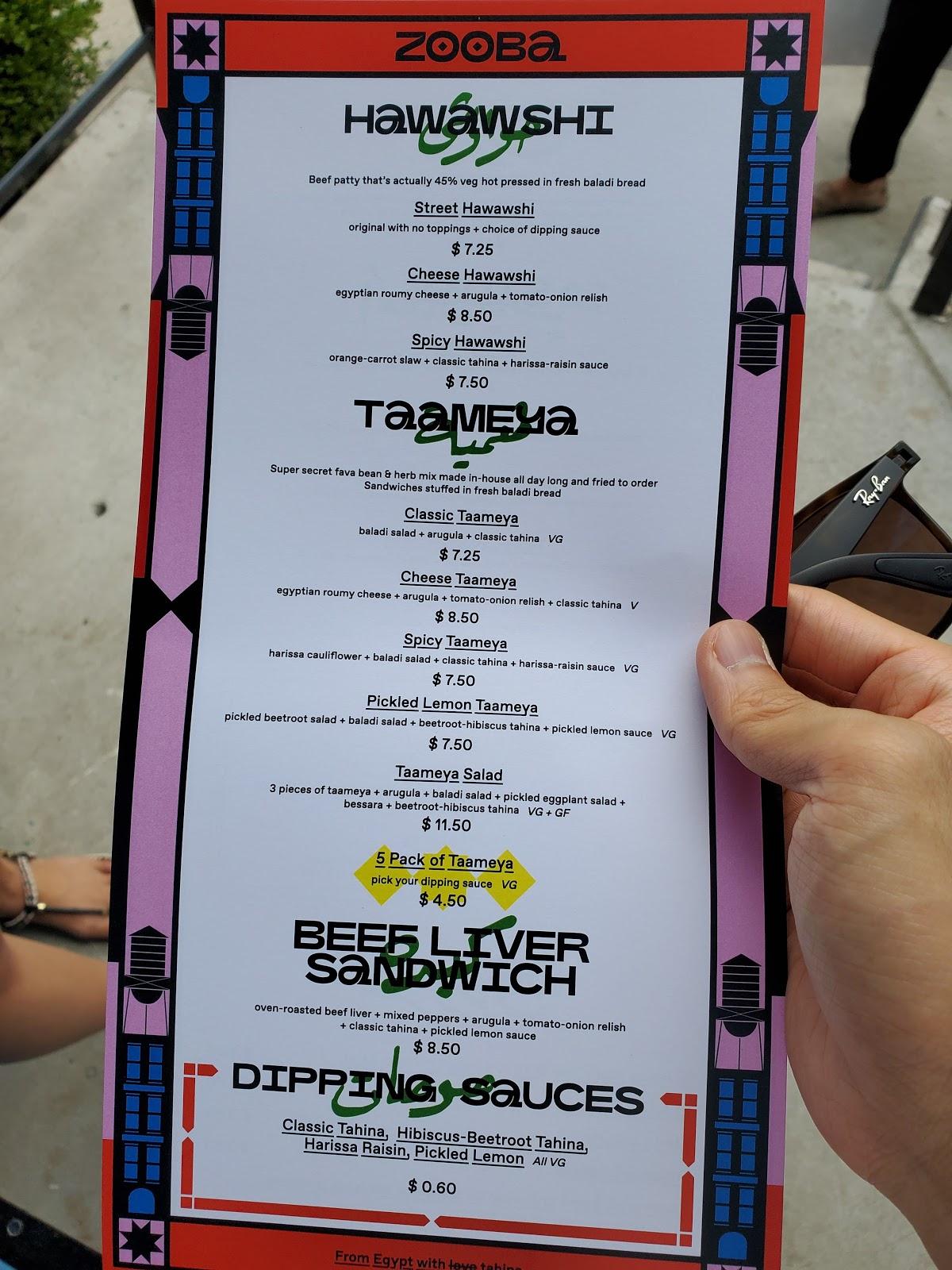 Carta del restaurante Zooba, Nueva York