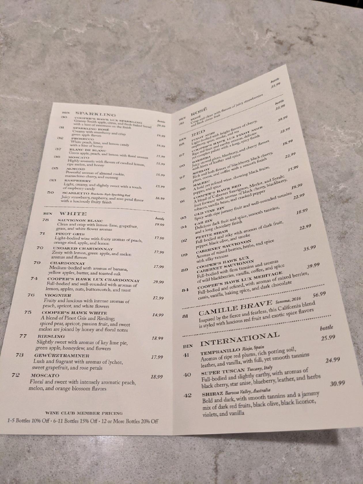 Menu at Cooper's Hawk Winery & Restaurant Rockville, Rockville