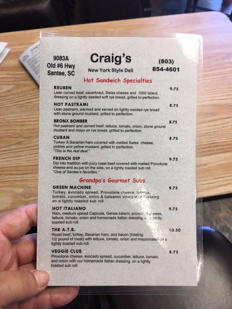 Menu at Craig's Deli cafe, Santee