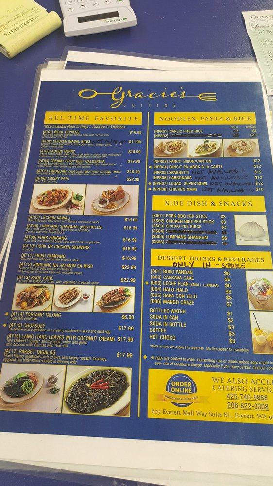 Menu at Gracie's Cuisine restaurant, Everett