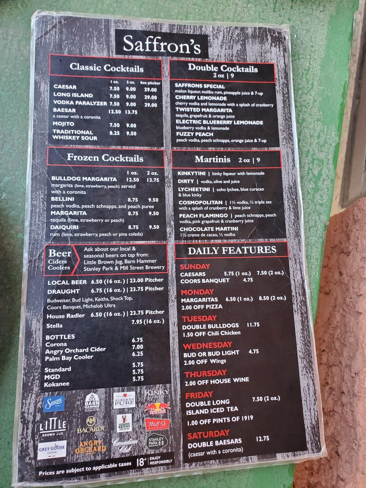 Menu at Saffron's Restaurant, Winnipeg
