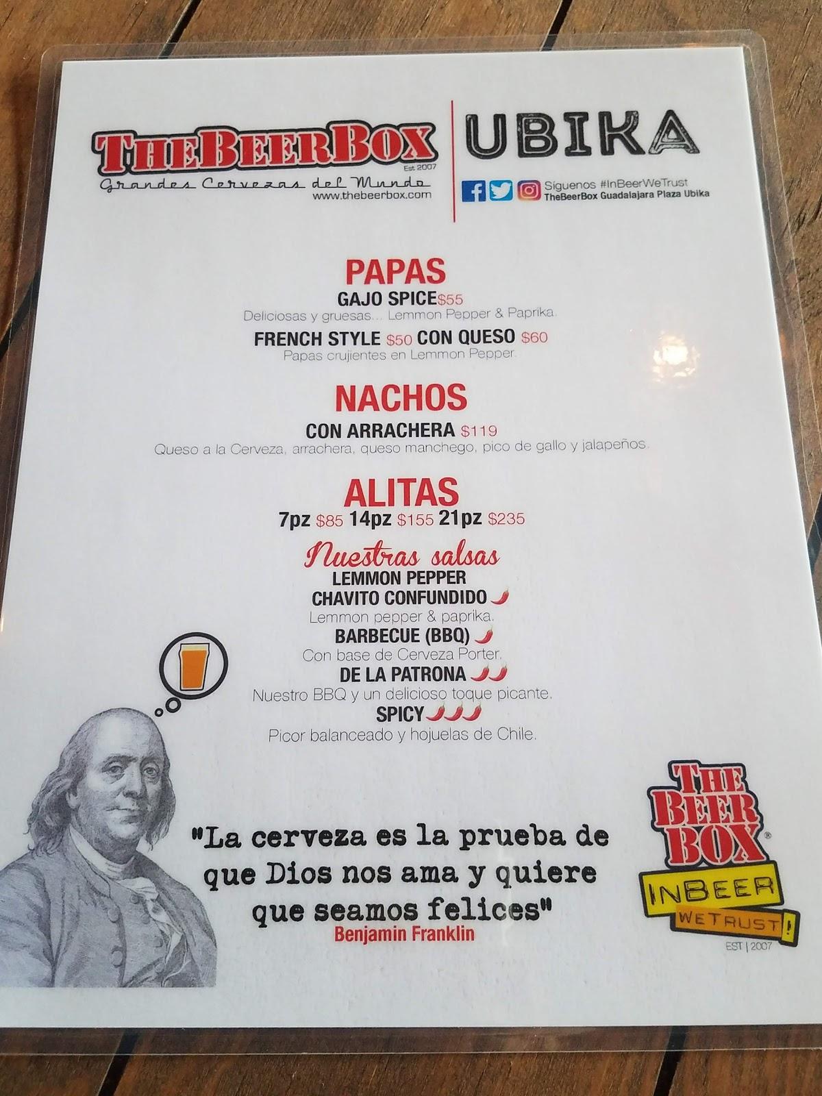 Carta del pub y bar The Beer Box Plaza Ubika, Zapopan, Carr a Nogales 4760