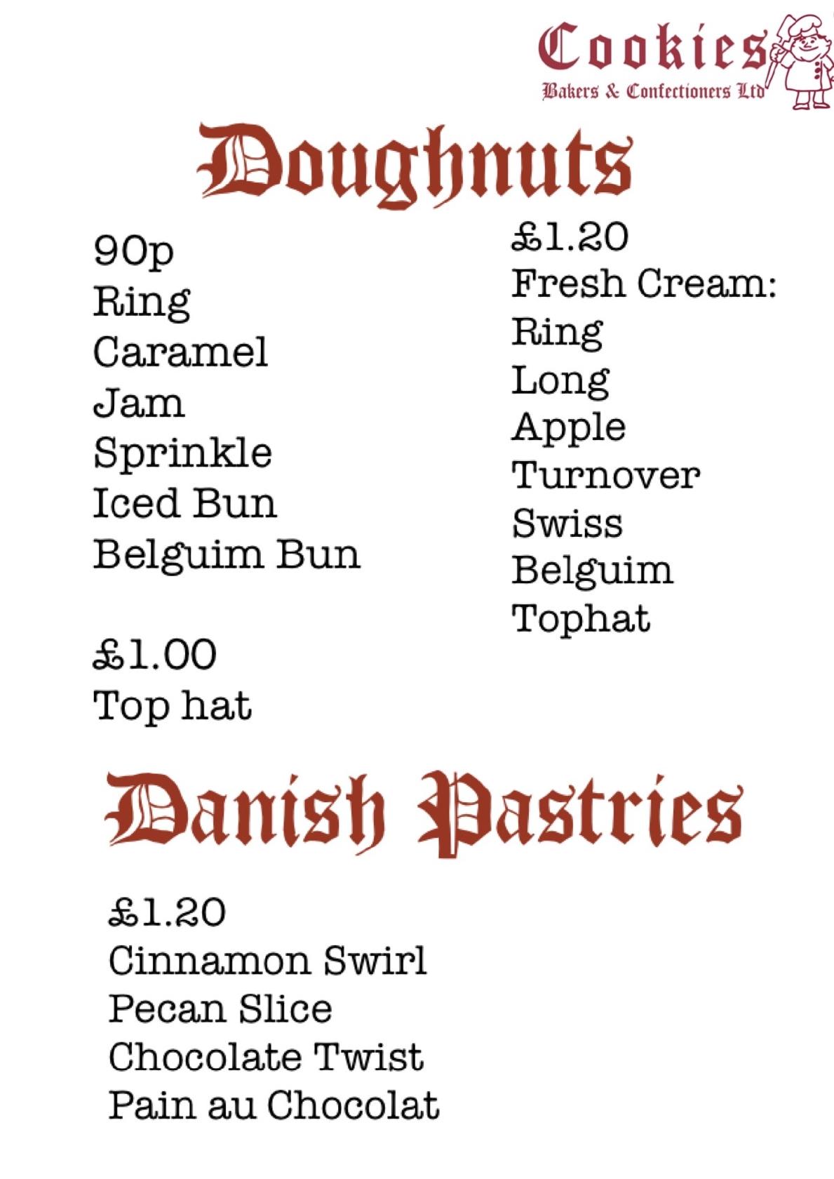 Menu at Cookies Bakers & Confectioners LTD., Ringstead