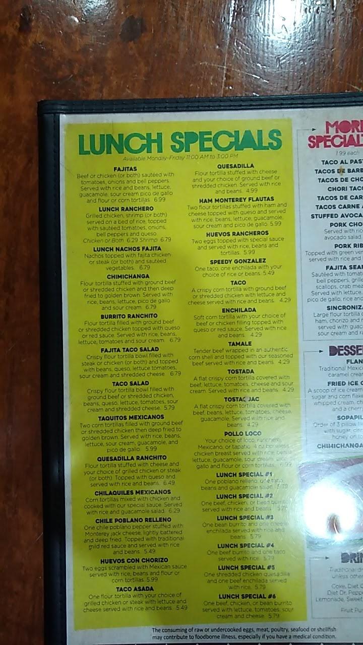 Menu at El Ranchito grill restaurant, Arkadelphia