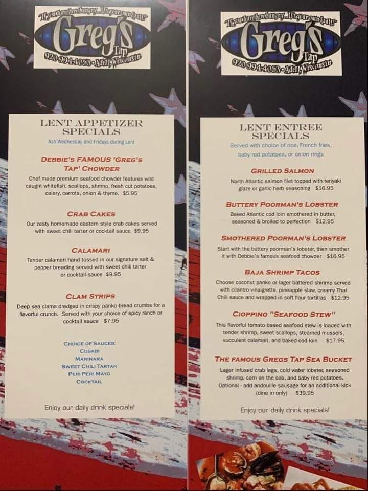 Menu at Greg's Tap pub & bar, Adell