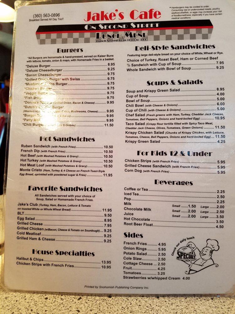 Menu at Jake's Cafe on 2nd Street, Snohomish