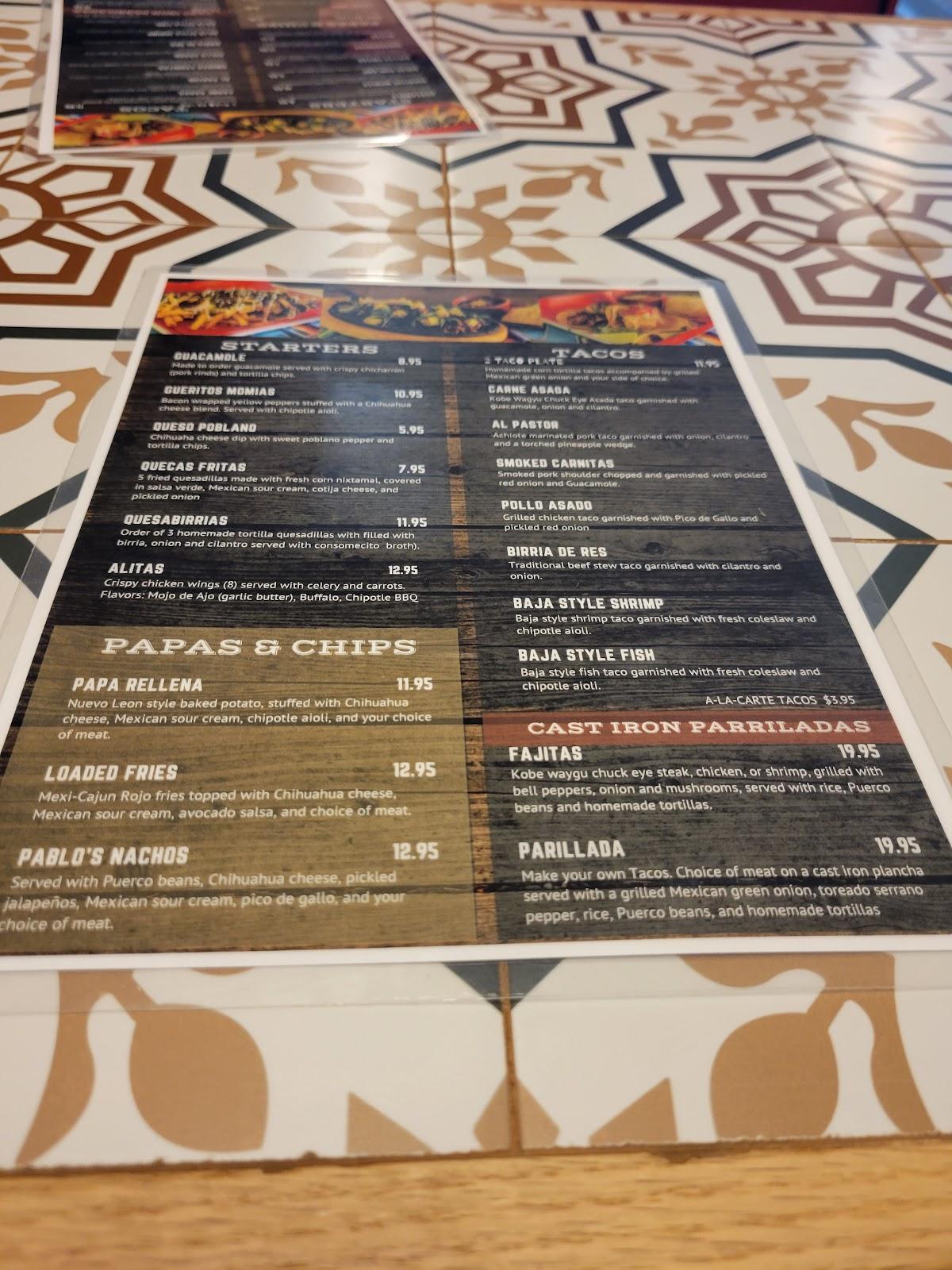Menu at Pablos Tacos & Beer restaurant, Indio