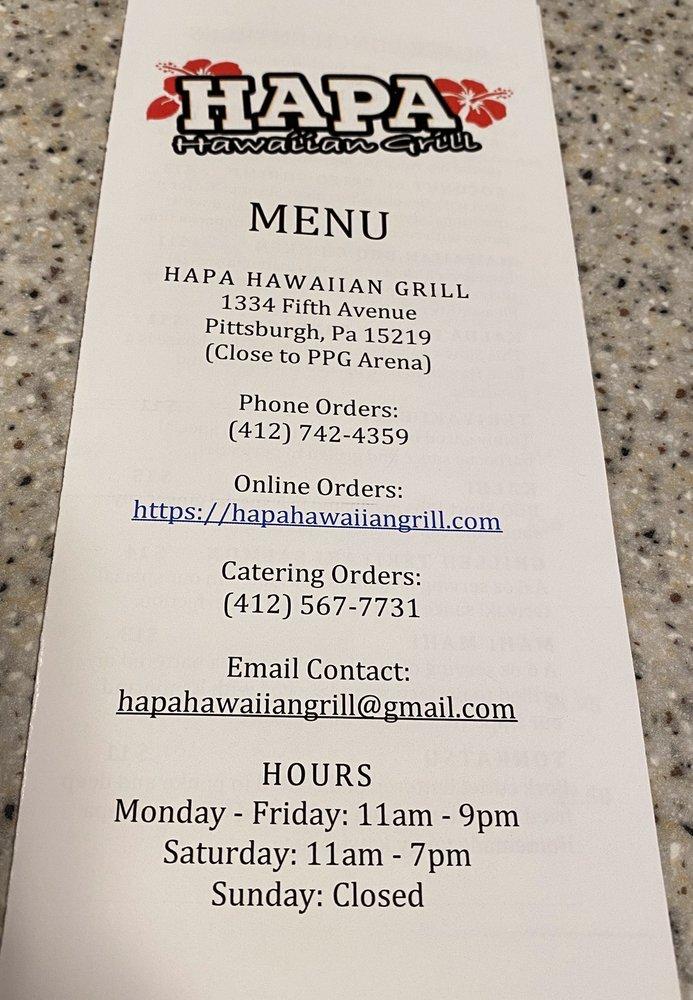 Menu at Hapa Hawaiian Grill restaurant, Pittsburgh