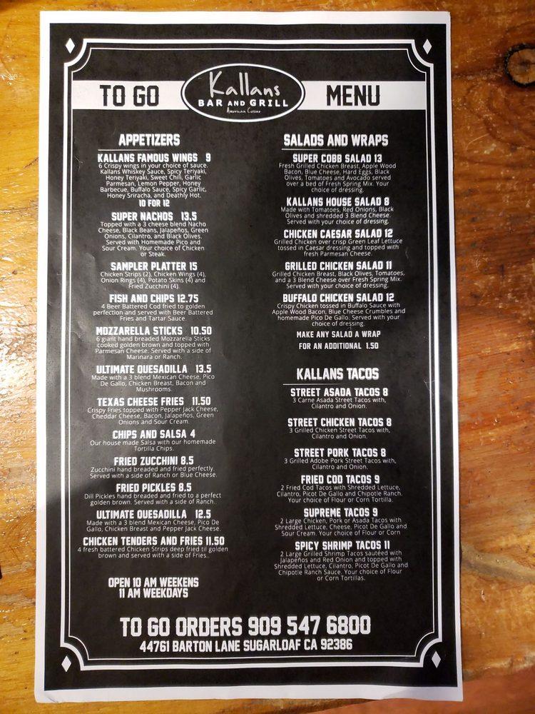 Menu at Kallans Bar And Grill, Big Bear