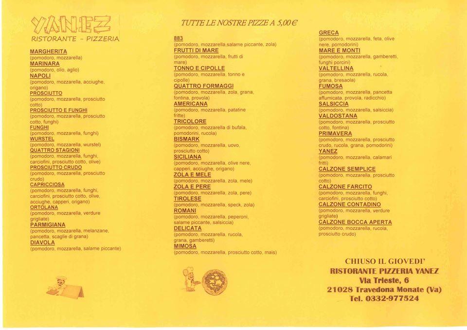Menu di RISTORANTE PIZZERIA YANEZ 