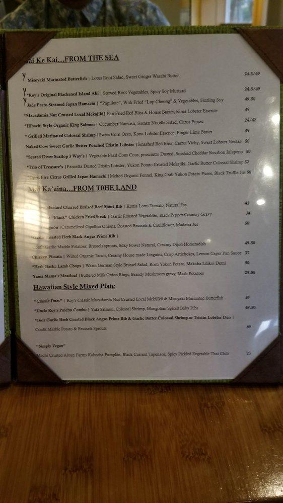 Menu at Roy's Ko Olina restaurant, Kapolei